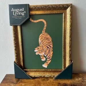 Gold Framed Tiger Wall Art Green Orange and Embellished Gold Stripes 11x14in NWT